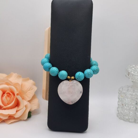 Turquoise Rose quartz heart bracelet - Picture 2 of 9